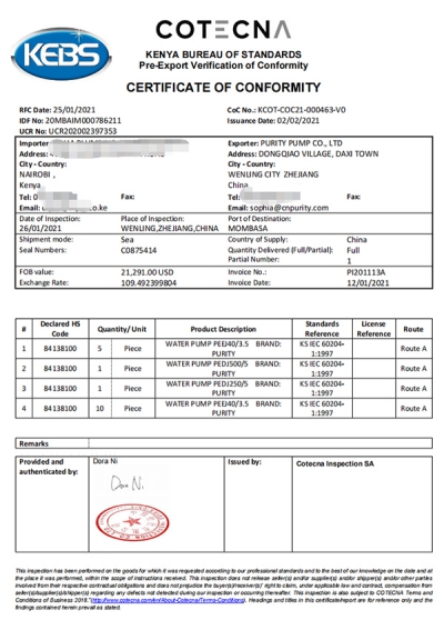 Экспорт сертификата PVOC в страны Африки (Кения)